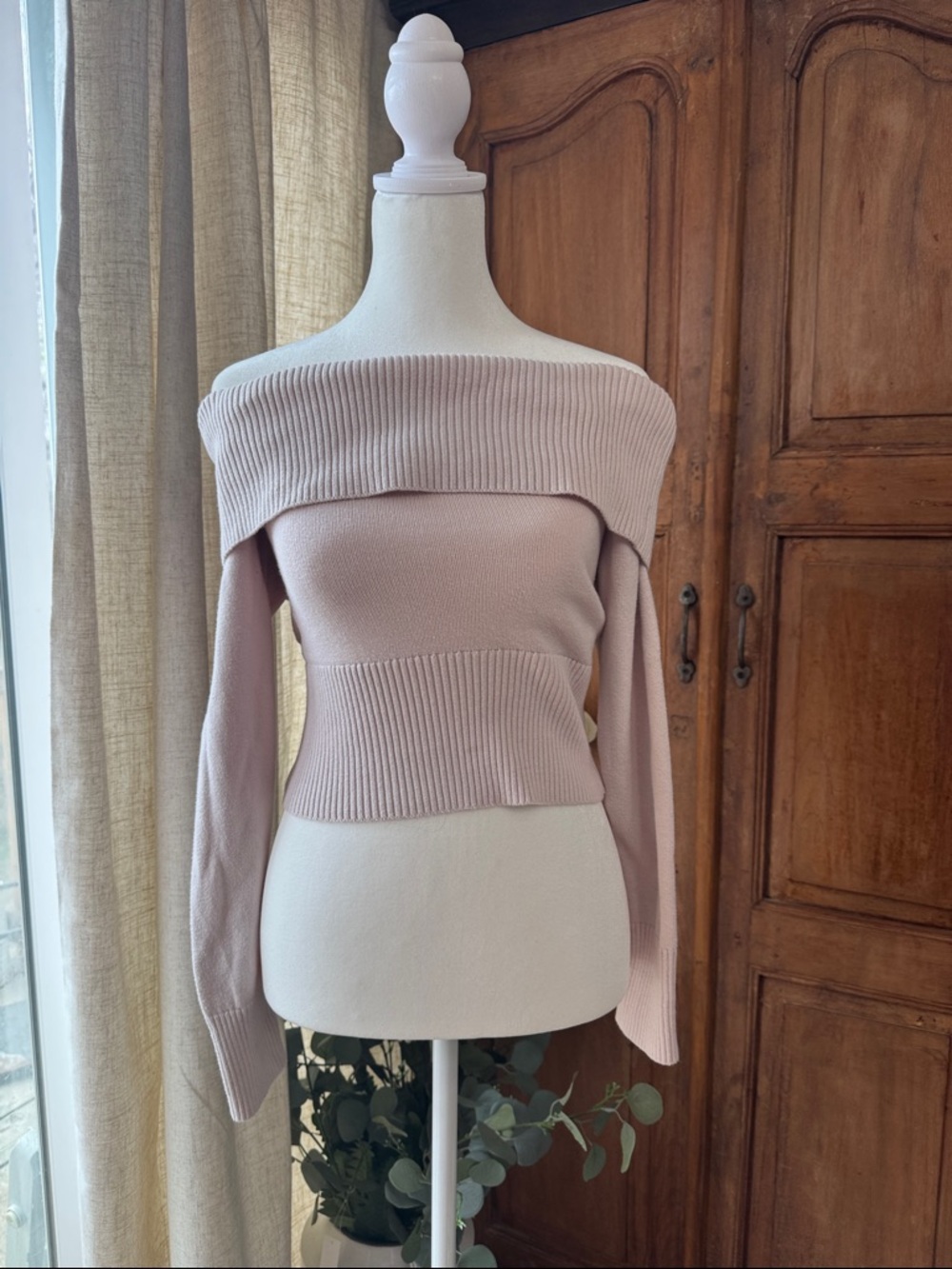 Off-Shoulder Ribbed Knit Sweater - Blush Pink